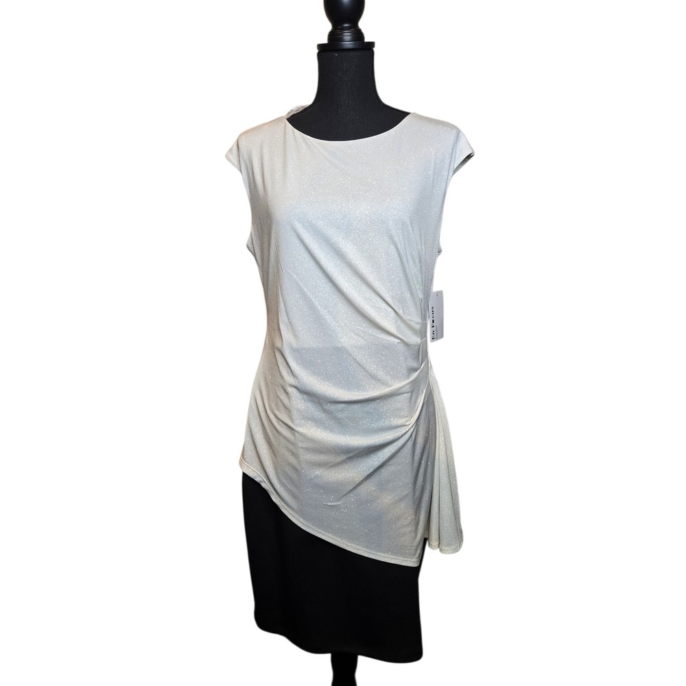En Focus Studio Sheath Dress Womens 14 Ivory Silver Black Metallic Ruched Mini